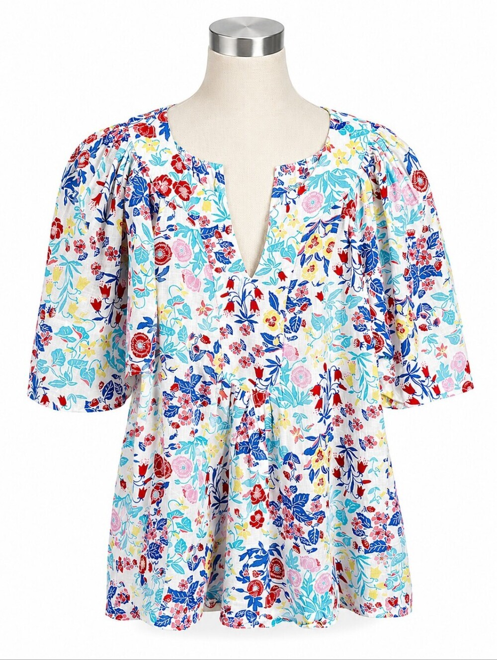 Charter Club Colorful Floral Linen Peasant Top Sz M Casual Summer Beach Boho